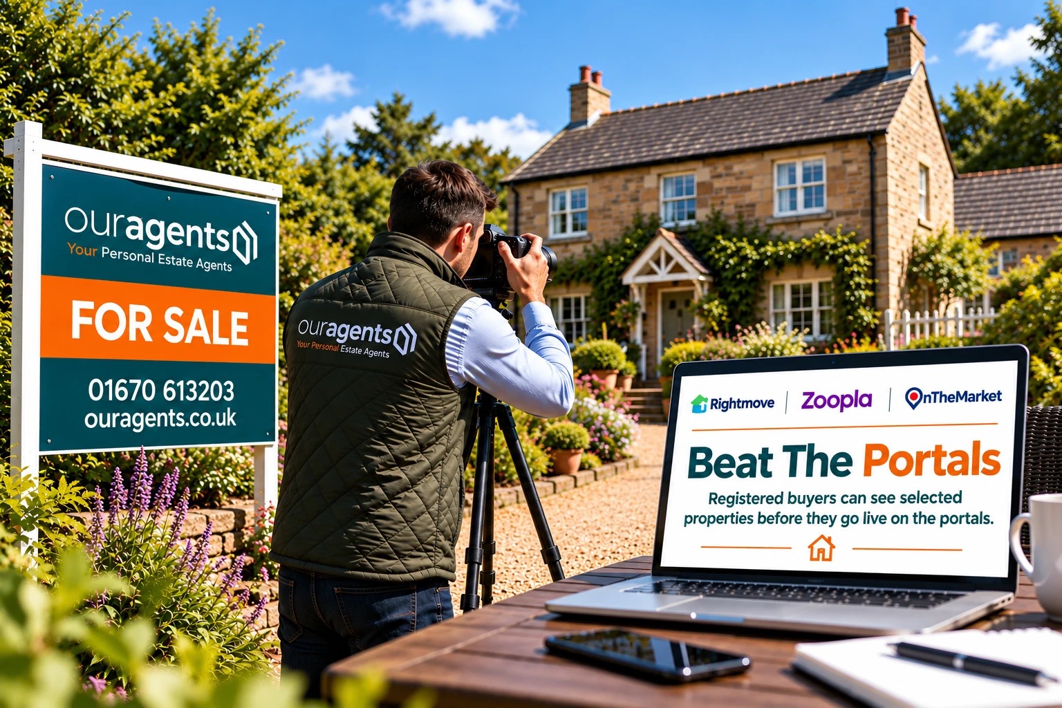 Our Agents photographer shooting a Northumberland stone cottage beside an Our Agents For Sale board, with a laptop showing the Beat the Portals pre-market campaign on Rightmove, Zoopla and OnTheMarket