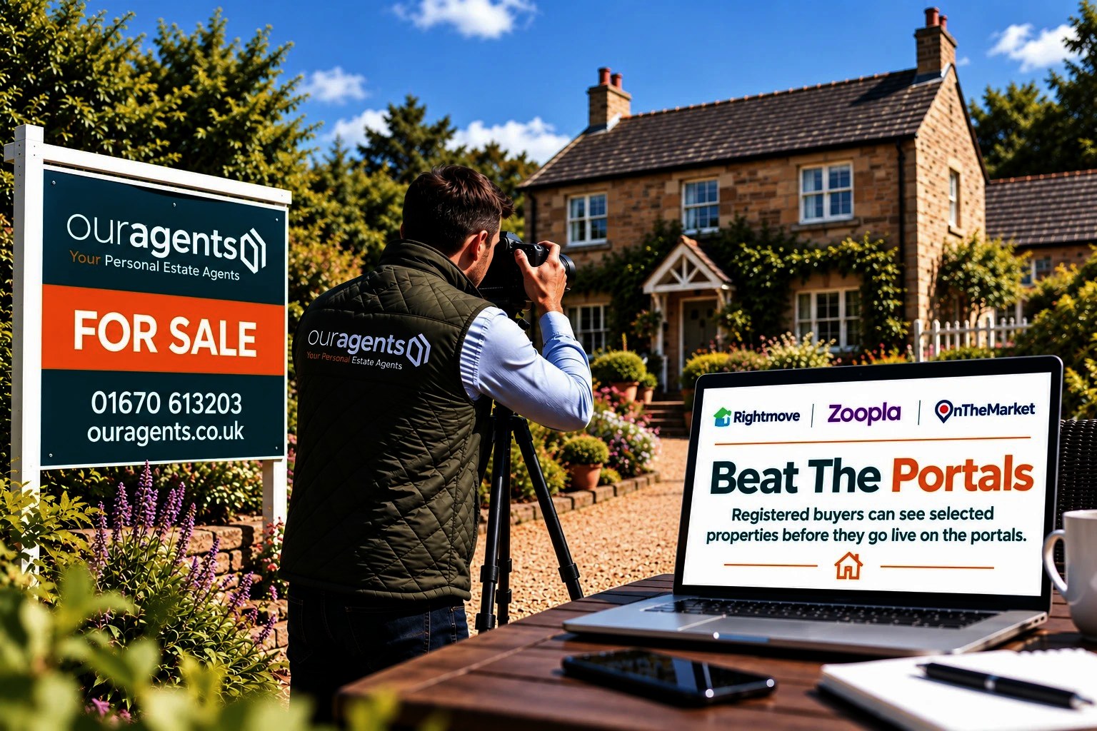 Beat the Portals — registered buyers see selected Northumberland properties before they go live on the portals Our Agents photographer shooting a Northumberland stone cottage beside an Our Agents For Sale board, with a laptop showing the Beat the Portals pre-market campaign on Rightmove
