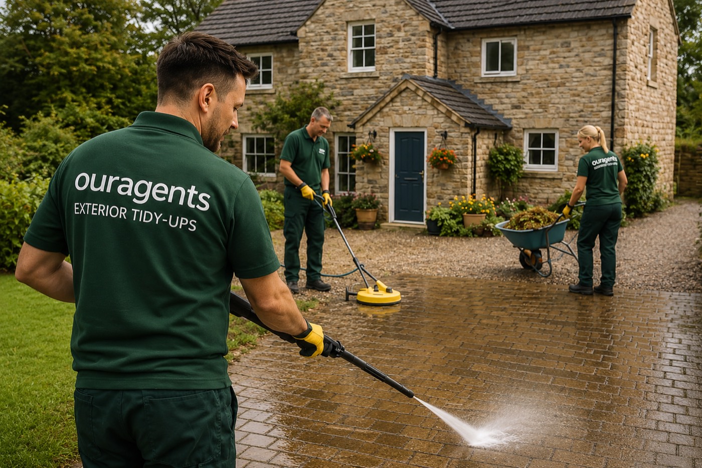 Our Agents exterior tidy-up team pressure-washing a driveway to boost kerb appeal in Northumberland