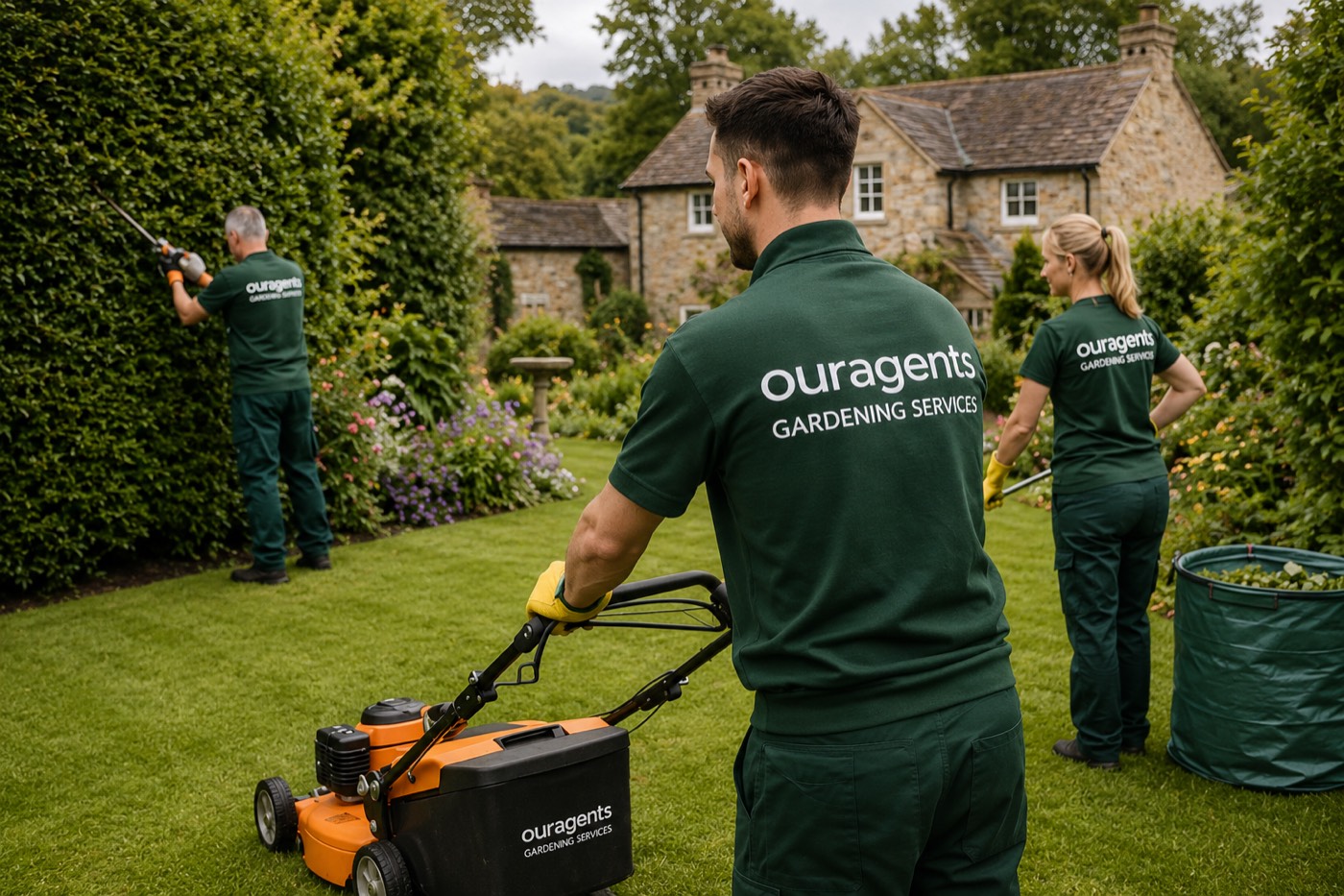 Our Agents gardening team mowing lawns and trimming hedges at a Northumberland stone house