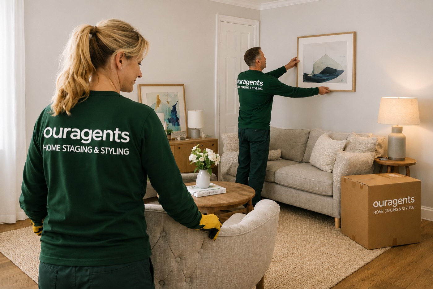 Our Agents home staging and styling team dressing a living room ready for property marketing photography
