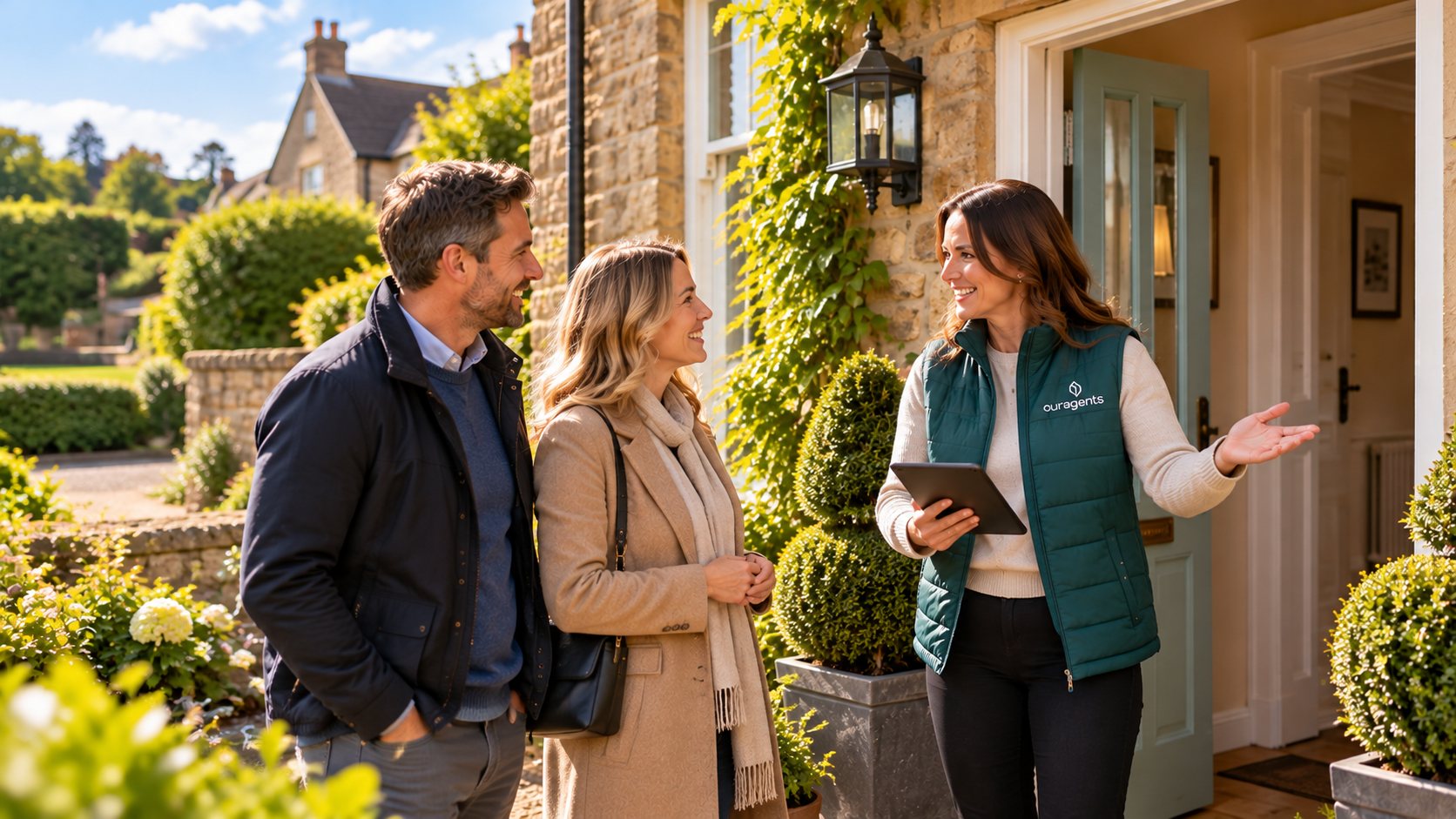 A couple talking with an Our Agents adviser outside a Northumberland cottage