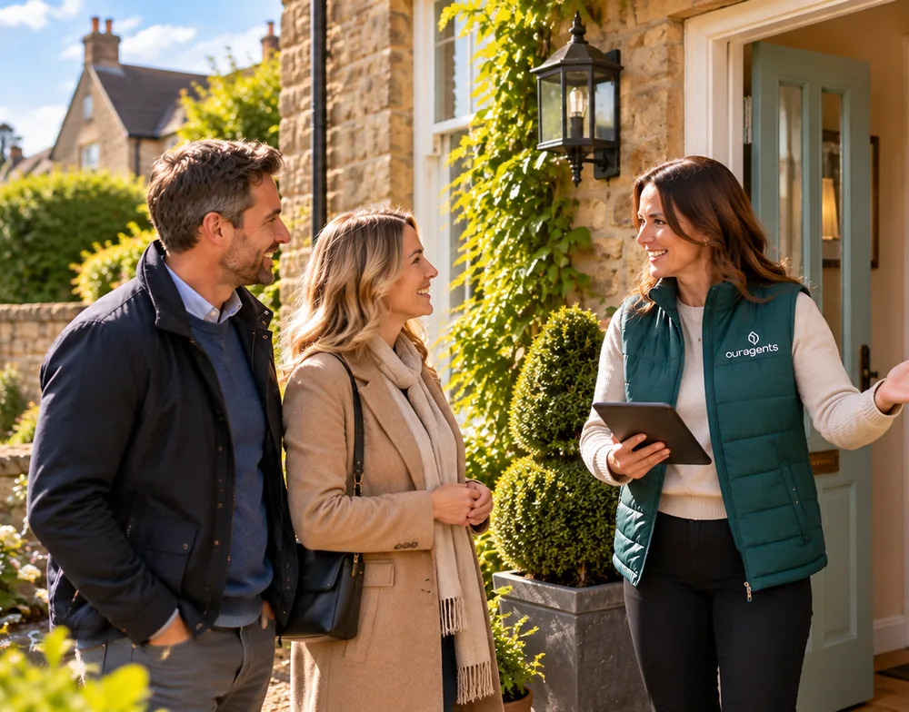 A couple talking with an Our Agents adviser outside a Northumberland cottage