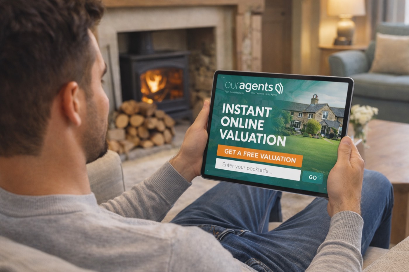Homeowner using the Our Agents instant online property valuation tool on a tablet at home in Northumberland