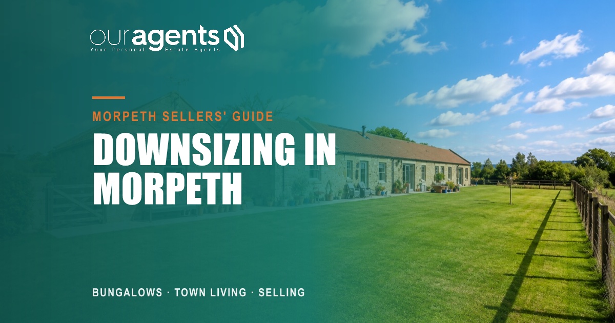 Single-storey stone home with a large lawn, illustrating downsizing in Morpeth, Northumberland