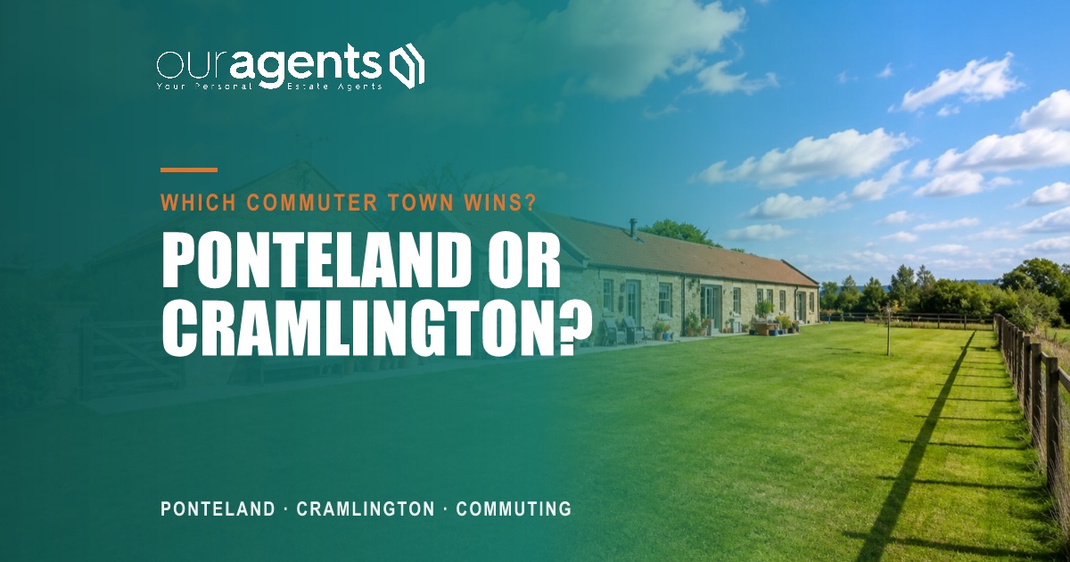 Ponteland village green and Cramlington new-build streets, Northumberland