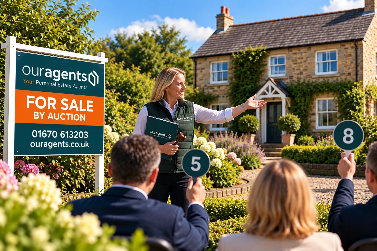 Our Agents auctioneer with gavel presenting a Northumberland stone cottage to bidders holding numbered paddles, beside an Our Agents For Sale by Auction board